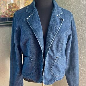 Vintage Women's French Dressing Blue Denim Jacket w/ Rhinestone Collar Sz 12